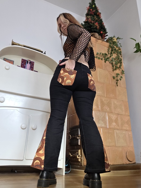 Spodnie dzwony z klinem czarno-pomarańczowe 